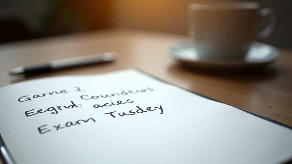 Detailní snímek notebooku s psanými poznámkami o IELTS Listening s tužkou