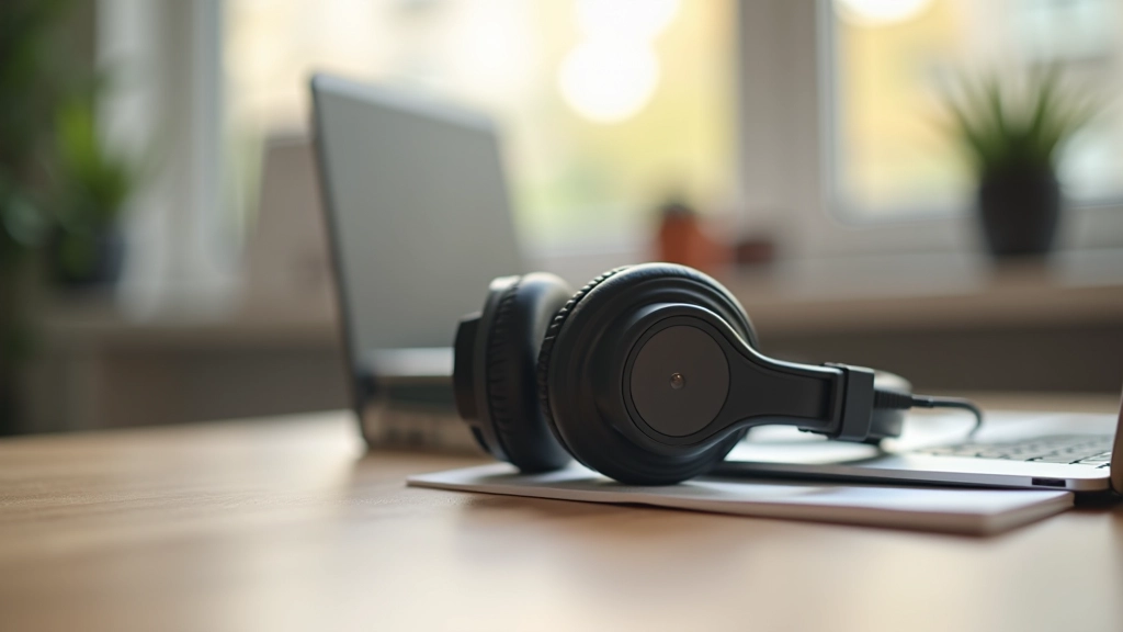 Sluchátka na pracovním stole s počítačem zobrazujícím IELTS test