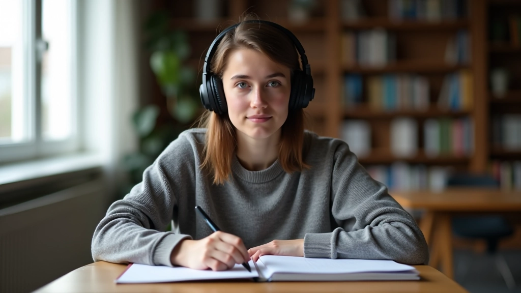 Student s sluchátky sedí u pracovního stolu a poslouchá anglickou řeč