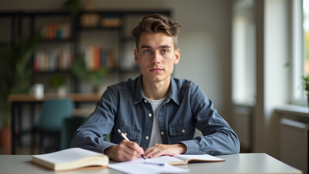 Student studuje anglické texty a dělá si poznámky na zkoušce IELTS