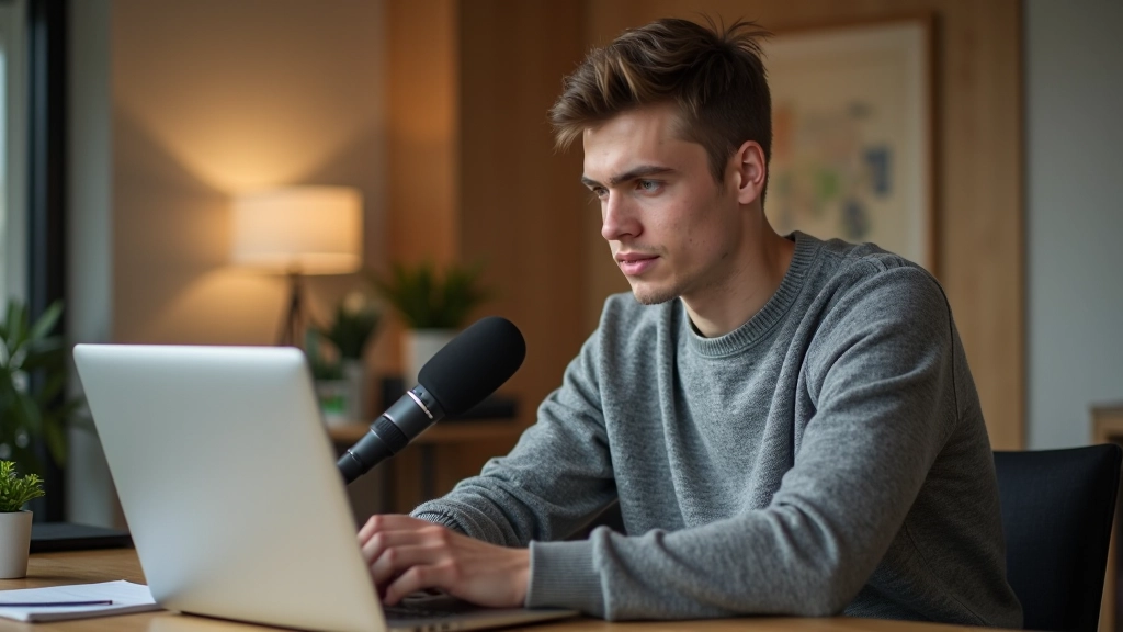 Osoba nosící sluchátka a hovořící do mikrofonu během domácího cvičení angličtiny