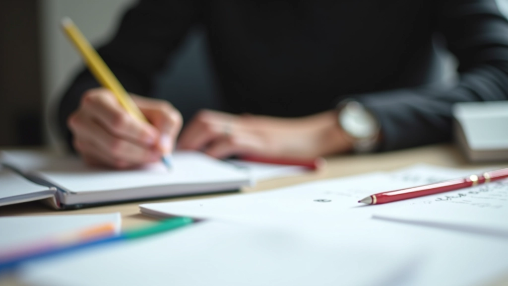 Psací stůl s pracovním sešitem a tužkami pro psaní IELTS